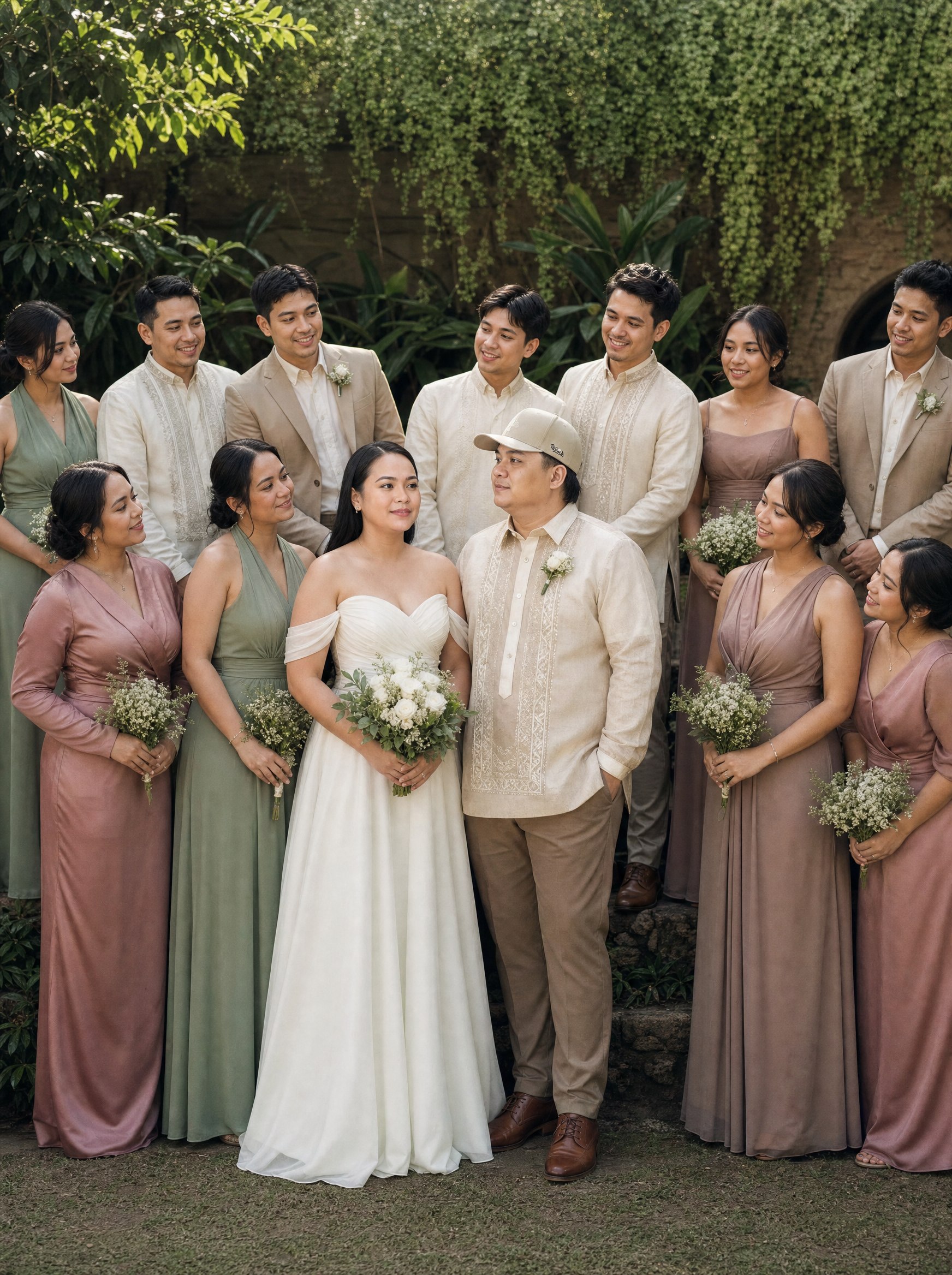 Jana and Jonie with their wedding party in white, sage, olive, dusty rose, blush, and cream attire