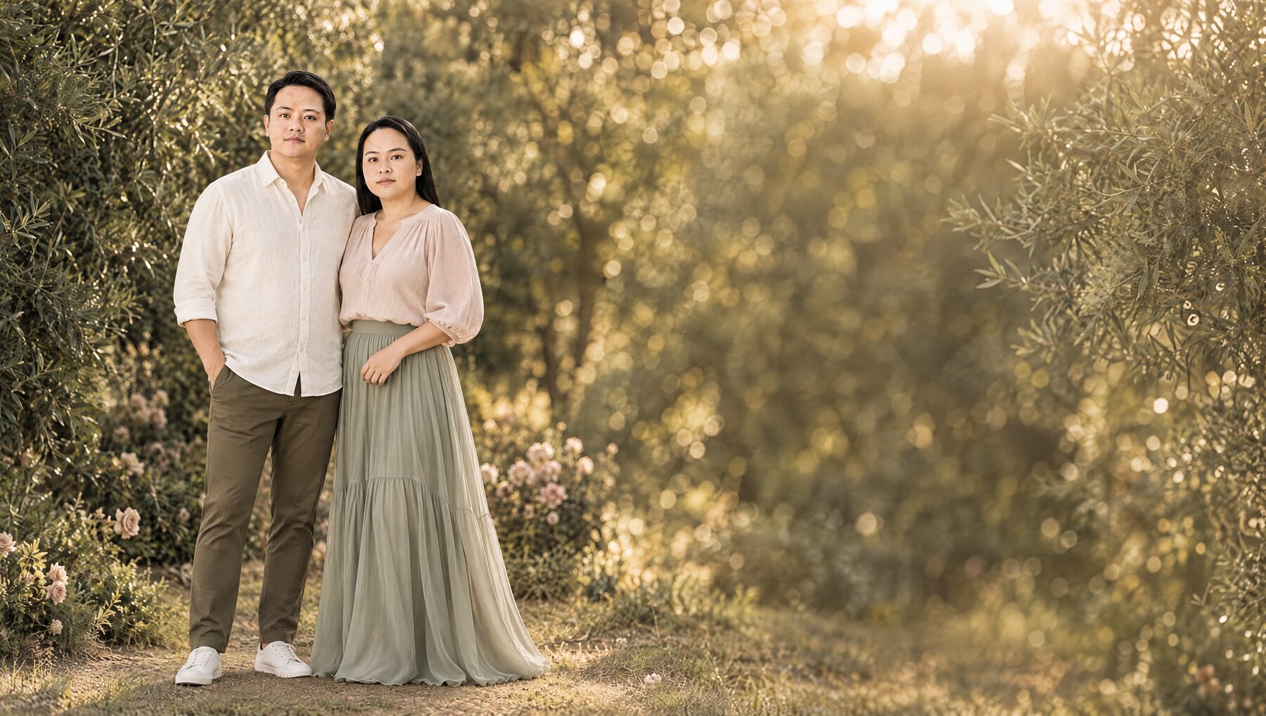 Jana and Jonie standing full length together in casual prenup clothing in a softly lit olive grove